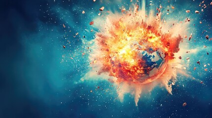 Abstract science illustration of an exploding globe on a blue backdrop