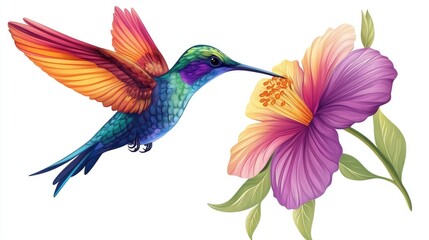 Obraz premium Colorful tropical hummingbird with a flower on a white background 2D cartoon illustration depicting a vibrant paradise bird hovering over a blooming flower