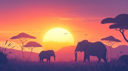 Fototapeta premium Majestic sunrise and sunset landscape featuring an African elephant with its baby silhouetted against acacia covered hills Stunning wildlife scenery in a serene savannah setting 2D cartoon illustr