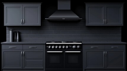 Modern Black Kitchen Interior Design with Range Hood and Stove
