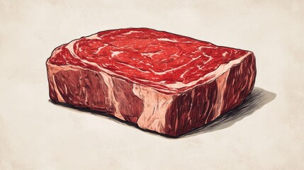 Premium Kobe Beef Whole Piece Cartoon Illustration with Marbled Texture