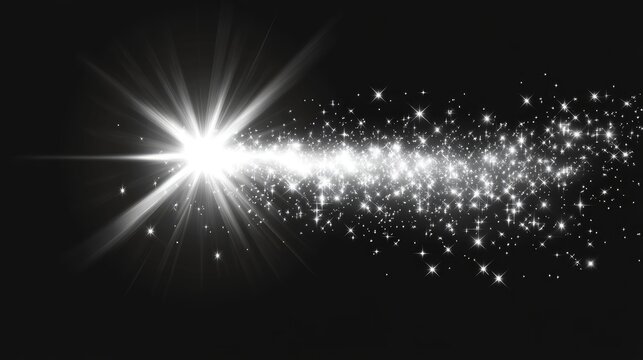 White glowing light bursts against a transparent backdrop releasing sparkling magical dust particles A bright star shines with a dazzling flash 2D cartoon illustration of radiant sparkles centered