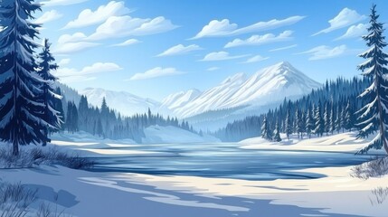 Obraz premium Winter landscape 2D cartoon artwork
