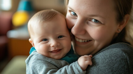 母に抱きしめられて笑顔の白人の赤ちゃんの画像