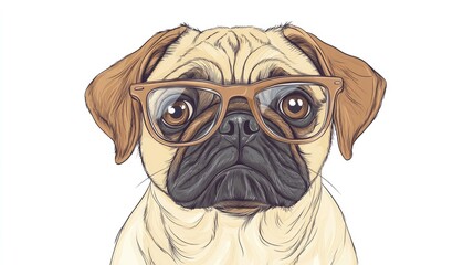 Obraz premium Hand drawn 2D cartoon illustration featuring a pug with glasses The dog sits amusingly showcasing a playful expression Each element is editable for your creative needs