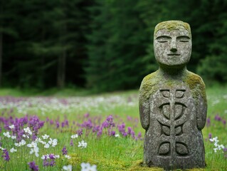 Fototapeta premium Ancient stone sculpture surrounded by vibrant wildflowers.