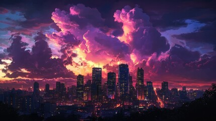 Obraz premium City skyline at dusk with illuminated buildings and vibrant clouds in the sky
