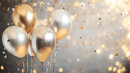 Background for birthday cards showcasing elegant gold and silver balloons with scattered confetti on a soft gradient