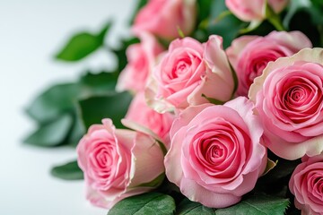 Fototapeta premium pink roses and green leaves corner border. wedding invitation background, valentine concept.