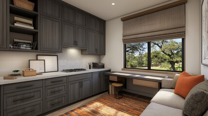 Fototapeta premium Modern Home Office Design with Large Window and Orange Accents