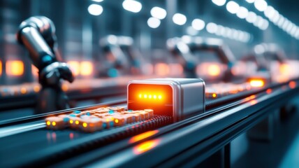 Automated conveyor belt with robotic arm in high-tech factory.