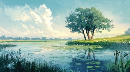 Obraz premium Serene illustration of a natural landscape featuring a tranquil swamp scene
