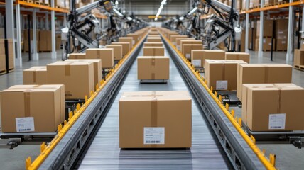 Automated warehouse with conveyor system and boxes ready for shipping.