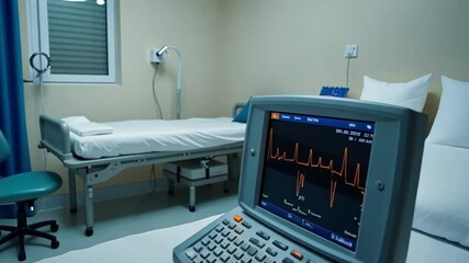 An ECG machine with electrodes neatly arranged on a nearby bed in a private room. The machine's display shows a simulated heart rhythm, adding a sense of immediacy and focus on patient monitoring.