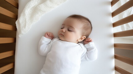 ベッドで寝ている白人の赤ちゃんの画像