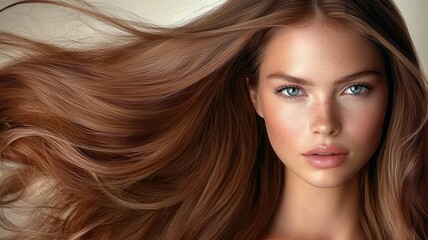 Fototapeta premium Close-up of a woman with long, silky hair showcasing a brand's product, polished look, vibrant highlights --ar 16:9 --quality 2 --stylize 250 --v 6.1 Job ID: 4fa4ed41-8d0a-4f95-b50f-34a97b5c9d36