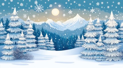 Obraz premium 2D cartoon illustration of a snowy forest featuring a beautiful sky pine trees in winter and mountains Festive holiday theme with paper art and crafts