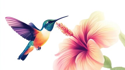 Obraz premium Colorful tropical hummingbird with a flower on a white background 2D cartoon illustration depicting a vibrant paradise bird hovering over a blooming flower