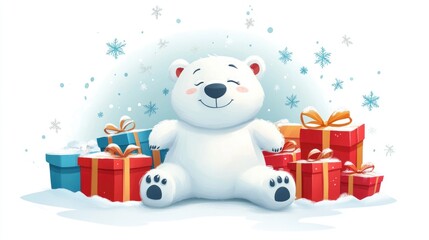 Adorable polar bear cartoon character surrounded by gifts celebrating the festive season 2D cartoon illustration on a clean background