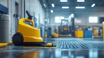 Fototapeta premium A yellow floor scrubber in an industrial space, highlighting cleanliness and maintenance equipment against a backdrop of a well-lit facility.