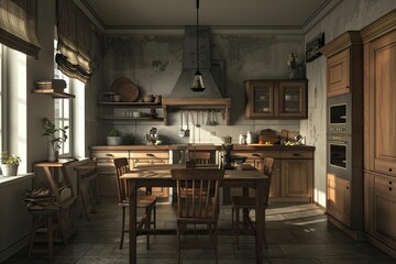 Rustic kitchen with wooden cabinets and a dining table.