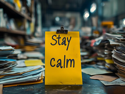 A motivational sign reading 'Stay Calm' amidst a chaotic workspace filled with papers and clutter.