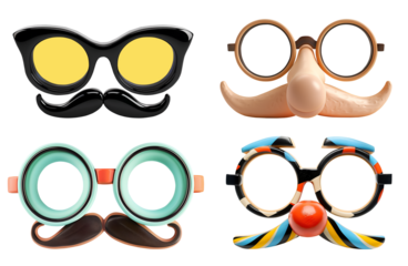 Collection Set of fake nose glasses googles mustache moustache novelty disguise Dress Up Props Costume on transparent cutout PNG file. Many different design. Mockup template for artwork