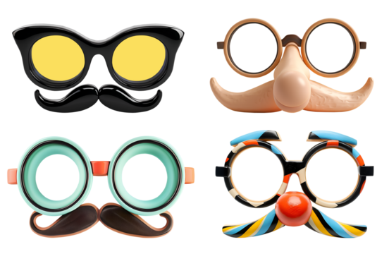 Collection Set of fake nose glasses googles mustache moustache novelty disguise Dress Up Props Costume on transparent cutout PNG file. Many different design. Mockup template for artwork