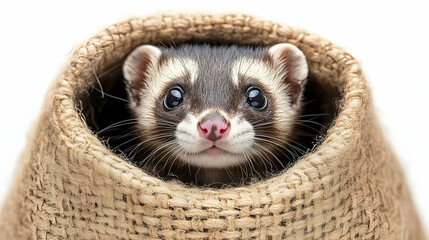 A playful ferret peeks out from a burlap sack, showcasing its curious nature with bright eyes and an adorable expression.