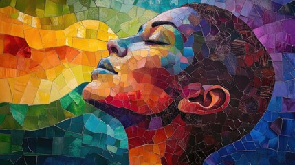 Awakened on a mosaic backdrop featuring vibrant hues of the rainbow flag