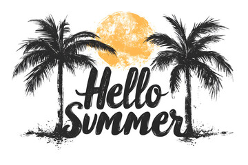 Hello Summer Typography with Palm Trees and Sun Illustration
