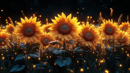 A 3D outline of bright sunflowers growing alongside golden wheat.