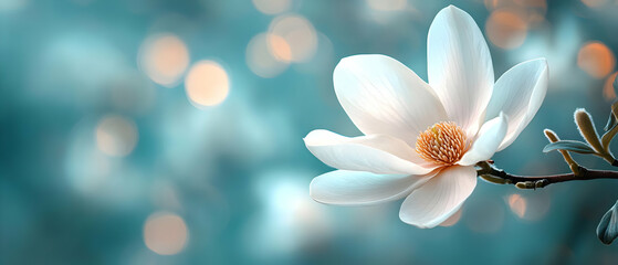 Fototapeta premium A serene close-up of a white magnolia flower, featuring delicate petals and soft bokeh background for a tranquil feel.