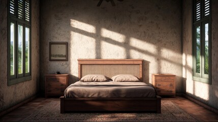 Obraz premium Minimalist Bedroom Interior Design with Wooden Bed Natural Elements and Wicker Accents