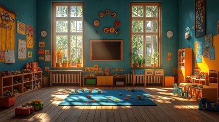 Sunny classroom with colorful toys and a blue rug.