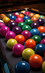 &ldquo;Neon Pool Balls on a Sleek Table&rdquo; &ndash; Brightly Colored Neon Pool Balls Arranged on a Dark, Polished Pool Table with Leading Lines Highlighting the Table Edges