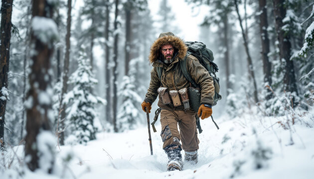 Experienced survivalist makes his way throught the winter forest