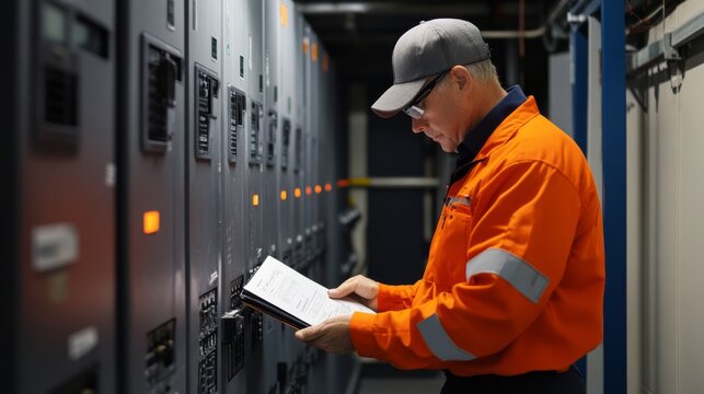 A technician in an orange uniform inspects electrical equipment, checking data in a notebook while standing in a server room.