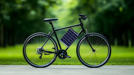 Fototapeta premium A sleek black bicycle with a solar panel, ideal for eco-friendly transportation in a green landscape.