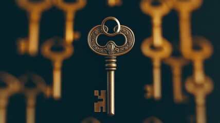 Close-up of an antique key surrounded by golden keys.