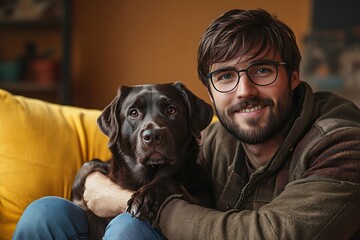 Smiling Man with Brown Hair and Glasses Holding a Chocolate Labrador on a Yellow Couch