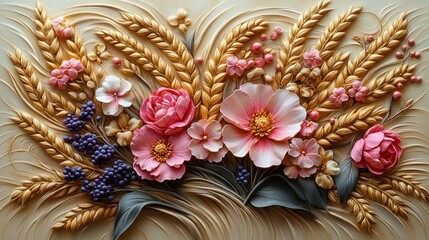 Naklejka premium A 3D outline of golden wheat and pink wildflowers entwined together.