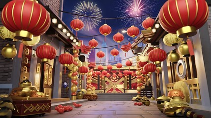 Fototapeta premium Festive Chinese New Year Street Scene with Red Lanterns and Fireworks