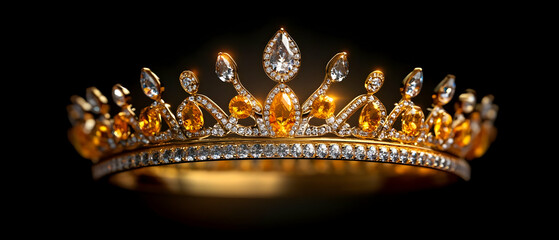 A stunning golden crown adorned with sparkling jewels, symbolizing royalty and elegance against a dark background.
