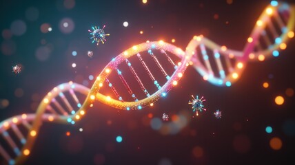 Colorful DNA strand on a dark background with floating cells.