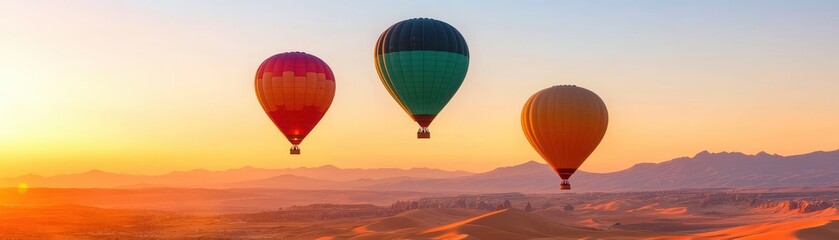 Obraz premium Colorful hot air balloons soaring above a stunning sunrise landscape.