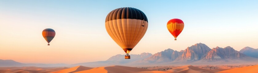 Fototapeta premium Colorful hot air balloons soaring over a serene desert landscape.
