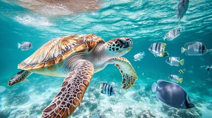 Fototapeta premium Underwater Scene Featuring a Majestic Turtle Swimming Among Colorful Fish in Clear Tropical Waters of a Vibrant Coral Reef Ecosystem