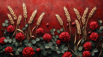 An outline of wheat stalks surrounded by blooming red clover flowers.