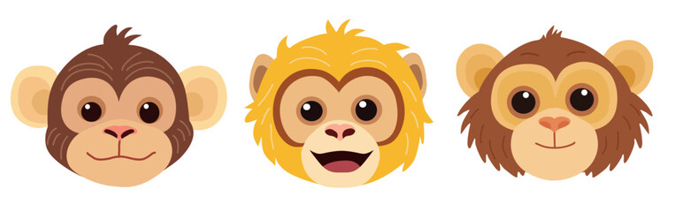 Vector illustration in a flat style features three cartoon monkey faces with distinct expressions and fur colors. Quadrobists kid mask